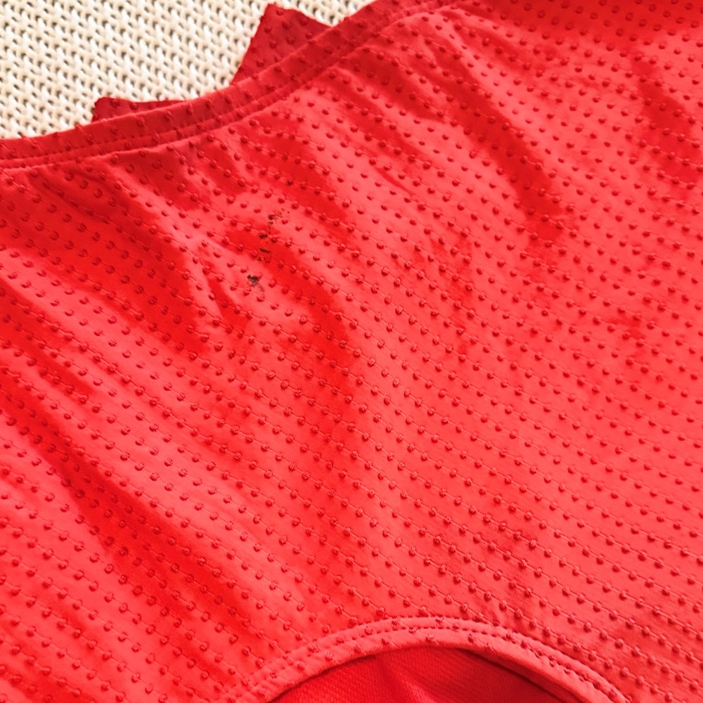 RHODE Ruched Tummy Embossed Dot Ruffle Red One Piece Swimsuit - Picture 10 of 13